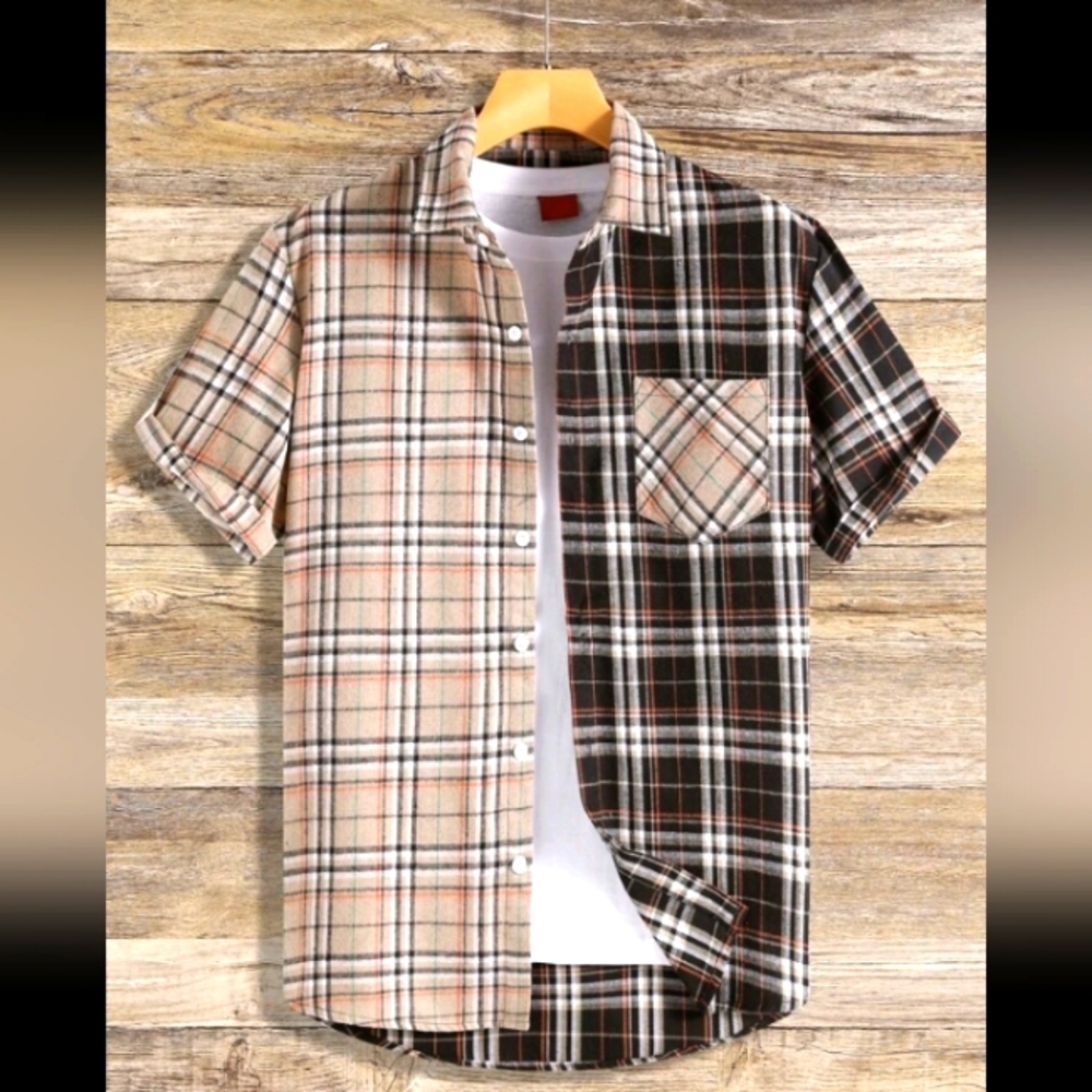 Men's Tan and Black Color Block Plaid Button-Up Shirt - Short Sleeve - Lg